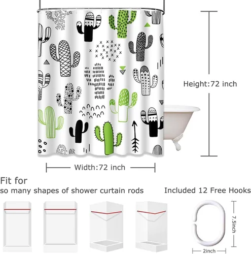Miniatura 2 de Cortina de ducha negra del desierto lindo dibujado a mano con cactus hipster geométrico impermeable tela de poliéster 72 x 72 pulgadas, juego