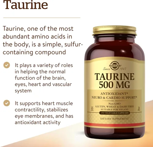 Miniatura 3 de Solgar Taurina 500 mg, 250 cápsulas vegetales - Antioxidante - Salud cerebral - Aminoácidos - Vegano, sin gluten, sin lácteos, Kosher - 250 porciones