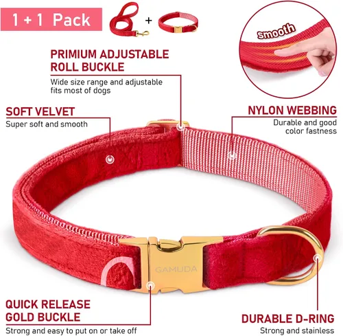 Miniatura 2 de GAMUDA Collar y correa de terciopelo para perro, súper suave y liso, hebilla dorada resistente, cómodo y fácil de limpiar, collar ajustable para Rojo