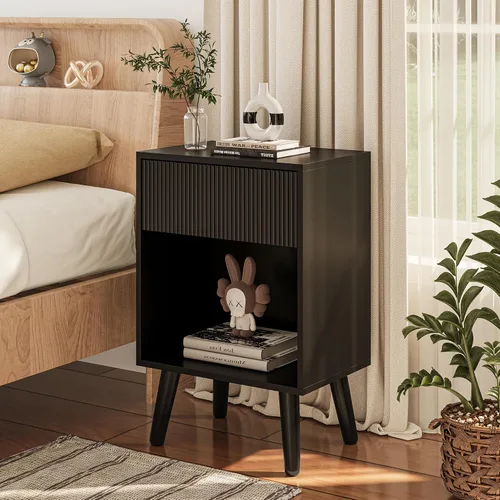 Miniatura 3 de Mesita de noche, mesa auxiliar moderna con cajones de almacenamiento y estante de madera abierto, mesita de noche con patas de madera maciza, mesas