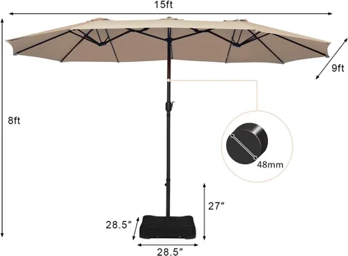 Miniatura 5 de Tangkula Paraguas de doble cara para patio de 15 pies con base, sombrilla de mercado extragrande para exteriores con manivela, base de sombrilla