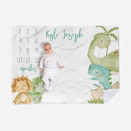 Miniatura 10 de Manta de hito mensual personalizada para bebé, nombre personalizado con diseño de dinosaurio, fondo de fotografía, manta de felpa suave con respaldo