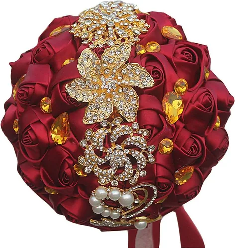 Miniatura 5 de Ramo de novia de 8 pulgadas con rosas de satén de 8 pulgadas con broches de cristal dorado hecho a medida, arreglo de centro de mesa, ramo azul real