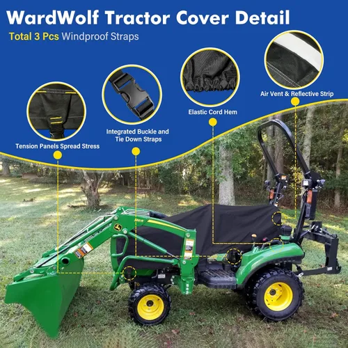 Miniatura 2 de Cubierta de tractor impermeable resistente 1200D compacta utilitaria cubierta de tractor compatible con Kubota, John Deere, Mahindra, Bobcat (negro)