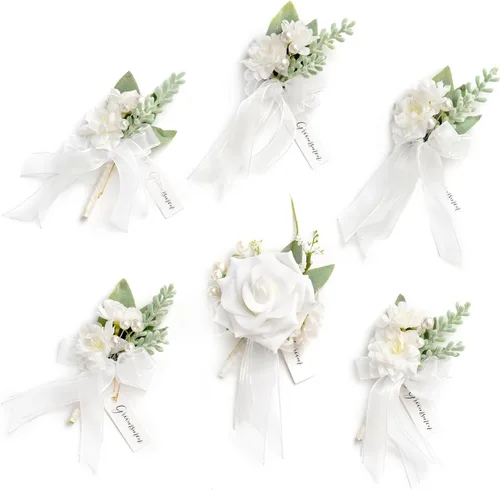 Miniatura 26 de Ling's Moment Boutonniere para Hombres Boda, Juego de 6, Novio y Padrinos Boutonniere para Boda Regreso a Casa Halloween Ceremonia Aniversario, Cena