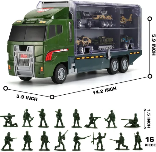 Miniatura 2 de 26 piezas de camiones militares con soldados de juguete (2 en 1), mini coche de batalla fundido en camión transportador, juguete de ejército