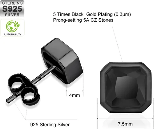 Miniatura 4 de KRKC&CO - Aretes de tuerca para hombre, aretes cuadrados, plata de ley 925, oro de 14 quilates con circonita cúbica brillante y ónix negro