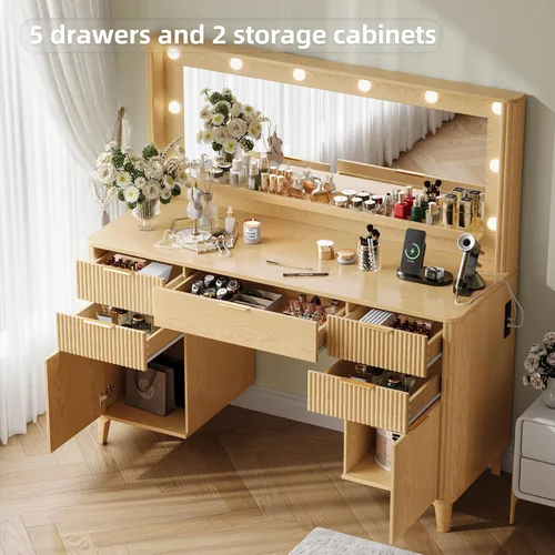 Miniatura 5 de Mesa de tocador estriada para maquillaje con espejo grande de 39.3" y luces, tocador de madera de 48.8", mesa de tocador grande, mesa de tocador