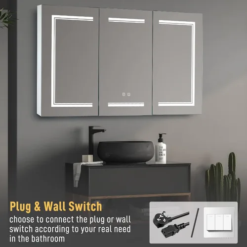 Miniatura 6 de Karl home Botiquín de baño de 3 puertas de 48 x 28 pulgadas con espejo LED, gabinete de baño regulable de 3 colores montado en la pared con estantes