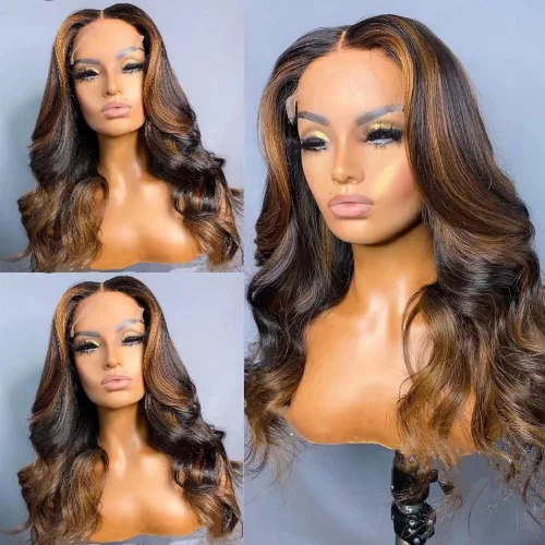 Miniatura 11 de Peluca de cabello humano ondulado con reflejos rubios y marrones, encaje frontal, sin pegamento, prearrancada, Remy brasileño, densidad 150, 12
