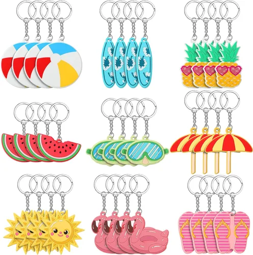 Yinkin 36 llaveros para fiesta de verano, playa, flamenco, piña, tortuga, tabla de surf, para verano, piscina, recuerdo temático, suministros de