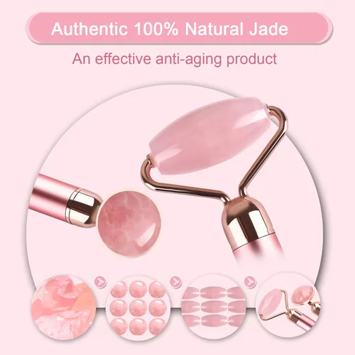 Miniatura 2 de Rodillo masajeador facial de jade vibratorio 2 en 1, rodillo facial eléctrico de cuarzo rosa para presionar el aceite de crema para la piel