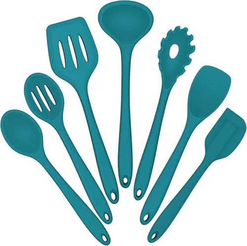 E-far - Juego de utensilios de cocina de silicona, 7 piezas, color azul, resistentes al calor, herramientas antiadherentes, espátula, cucharón,
