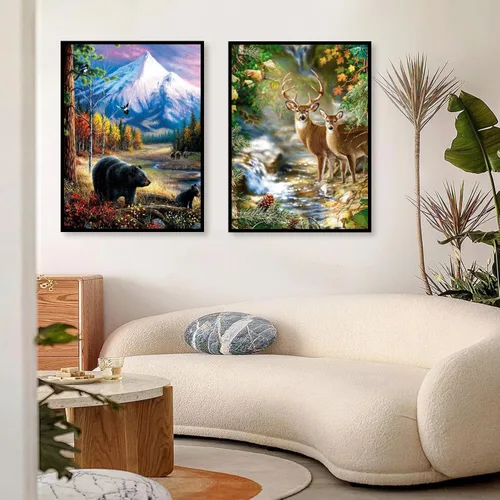 Miniatura 7 de Mowana Kits de arte de diamantes para adultos, paquete de 2 kits de pintura de diamantes de vida silvestre 5D sobre lienzo, paisaje de bosque