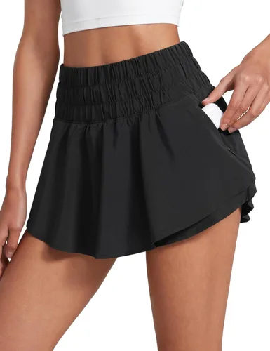 CRZ YOGA - Pantalones cortos deportivos para mujer, cintura alta, holgados, con volantes, para entrenar, correr, tenis y bolsillo con cremallera