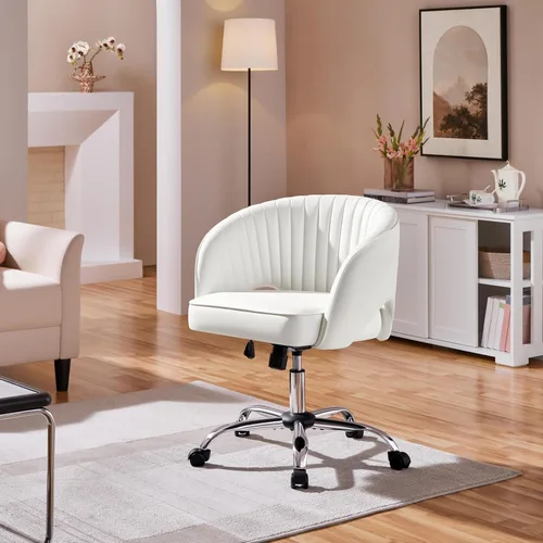 Miniatura 10 de Yaheetech Silla de Oficina para Casa, Silla de Escritorio de Cuero Sintético, Silla Giratoria Moderna con Respaldo Acolchado Tipo Barril, Ruedas