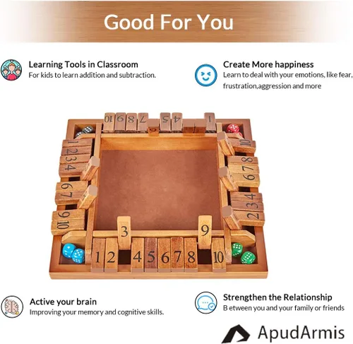 Miniatura 5 de ApudArmis Shut The Box de 4 vías, juego de mesa grande de madera con dados, 4 formas de jugar Shut-The-Box para adolescentes, complemento