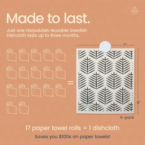 Miniatura 5 de Harps&Seb Paños de cocina suecos para cocina - Paquete de 6, toallas de papel reutilizables con clips, súper absorbentes, lavables, que no rayan