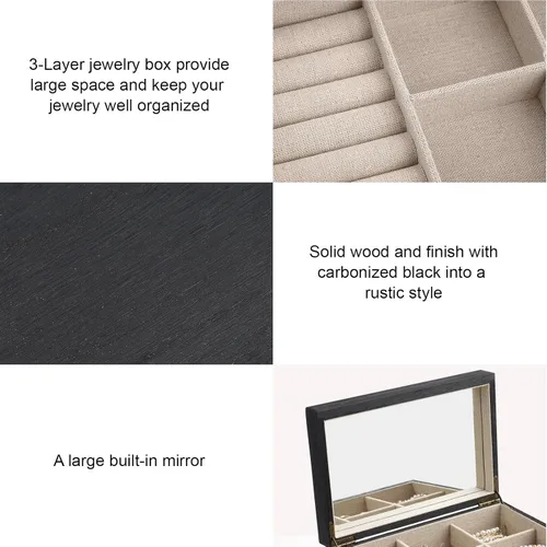 Miniatura 5 de Meangood Caja Organizadora de Joyería para Mujeres, Estuche de Almacenamiento de Joyería de 3 Capas Grande, Caja de Joyería de Madera Rústica