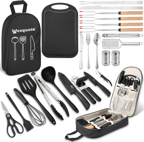 Wesqunie Camping Cooking Essentials Utensils Set - Camp Cookware Kitchen Accessories Kit, Camper Gear Must Haves, Stainless Steel & Silicone, RV Car