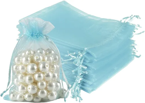 HRX Package 100 bolsas de organza de 4 x 6 pulgadas, bolsas de malla azul claro con cordón, bolsas de joyería transparentes para regalo pequeño,