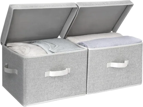Miniatura 17 de StorageWorks Contenedores de almacenamiento de tela con tapa, cajas de almacenamiento decorativas para estantes, cesta organizadora de armario Beige