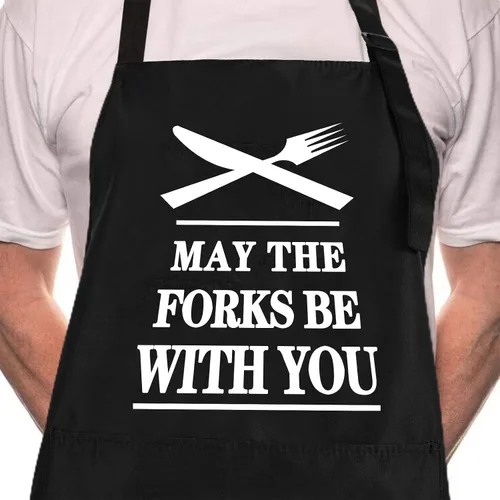 Rosoz Divertidos delantales de chef negros para barbacoa para hombres, con texto en inglés "May the Forks be with You", delantales de cocina Que los