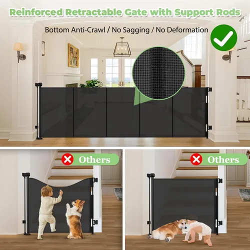 Miniatura 2 de Puerta retráctil reforzada de 96 pulgadas de ancho con varillas de apoyo, puerta retráctil extra larga para perros, puertas exteriores para Negro