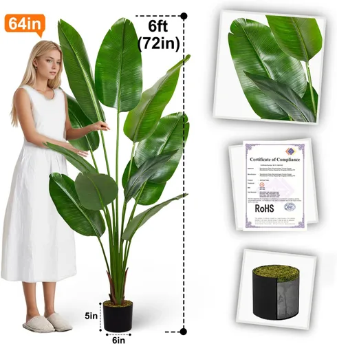 Miniatura 2 de Aveyas Árbol Artificial Ave del Paraíso de 6 pies para Decoración del Hogar, Planta de Piso Falsa de 6 Pies, Árbol Tropical Falso de Hoja de Plátano