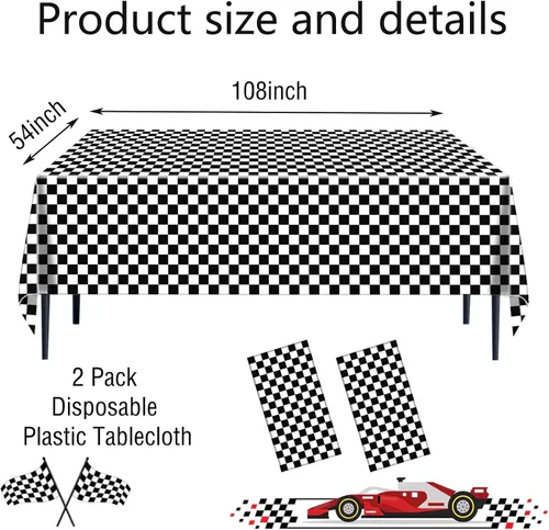 Miniatura 2 de Paquete de 2 manteles a cuadros blancos y negros de 54 x 108 pulgadas, desechables, de plástico, con bandera de carreras, impermeable, rectangular
