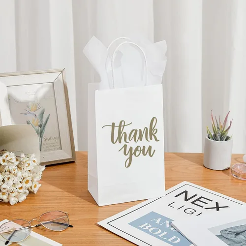 Miniatura 3 de DjinnGlory Paquete de 50 bolsas pequeñas de regalo de agradecimiento con asas, bolsas de papel blanco de 9 x 5.5 x 3.15 pulgadas con papel de seda