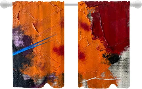 Miniatura 77 de Shrahala Beige and Orange Abstract Art Brushstrokes Blackout Curtain Tiers, Abstract Oil Paint Kitchen Valance Light Blocking Tier Drapes with Rod