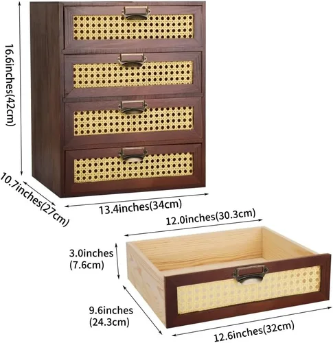 Miniatura 3 de GoooodGift Caja de almacenamiento grande de madera con cajones (gabinete boboticario, marco de ratán, marrón)
