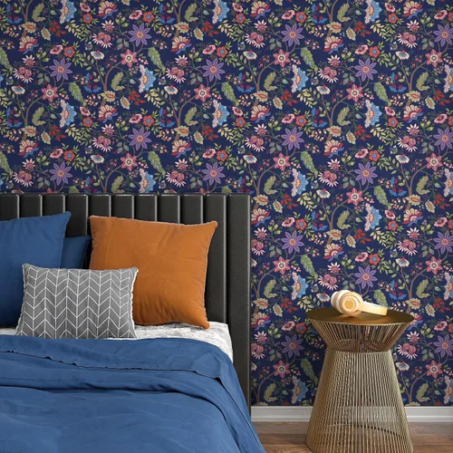 Miniatura 7 de VaryPaper Papel tapiz de 17.7 x 78.7 pulgadas, papel tapiz floral exótico azul para paredes, papel de contacto floral bohemio para paredes, papel
