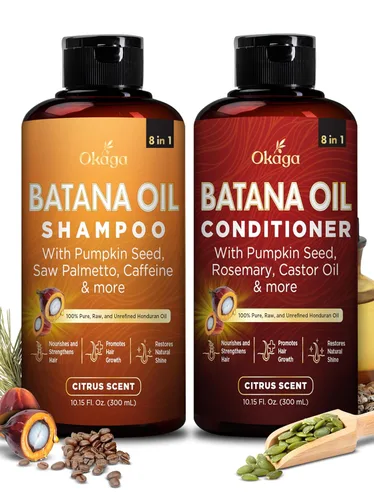 Paquete de Champú y Acondicionador de Aceite de Batana (Set de Ducha Okaaga) con Jugo de Hoja de Aloe Vera, Serenoa, Cafeína, Biotina, Jojoba,