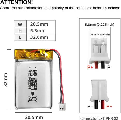 Miniatura 3 de EEMB Batería de polímero de litio 502030 de 3,7 V 250 mAh con conector JST PH de 0.079 in, batería recargable Lipo para VXI Blue Parrott-Check
