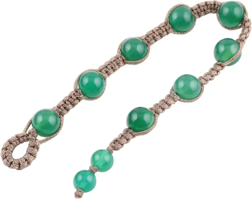 Miniatura 3 de NOVICA Pulsera artesanal de cuentas de ónix anudado a mano, macramé verde de la India con piedra natal de algodón 7.5 pulgadas de largo x 8 pulgadas