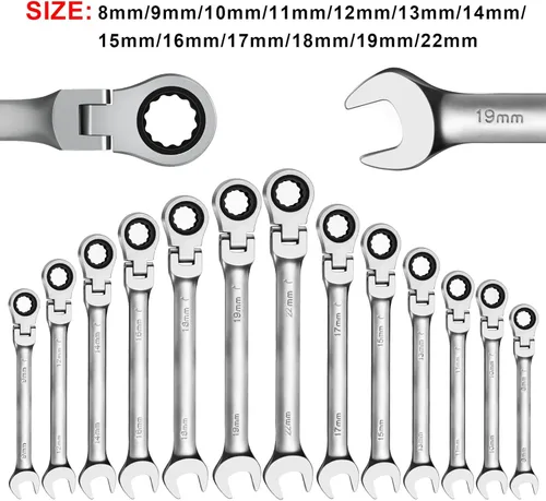 Miniatura 7 de WISEUP - Llave de trinquete CR-V forjada, llave de trinquete de cabeza flexible de 10 mm, llave de diseño industrial de doble uso, herramientas