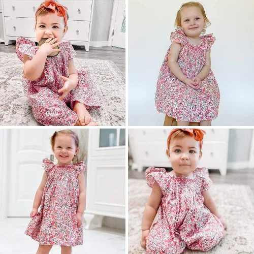 Miniatura 3 de Simplee kids Vestido fruncido de verano para niña, vestido casual de manga corta, estampado floral, vestido de princesa para niños pequeños
