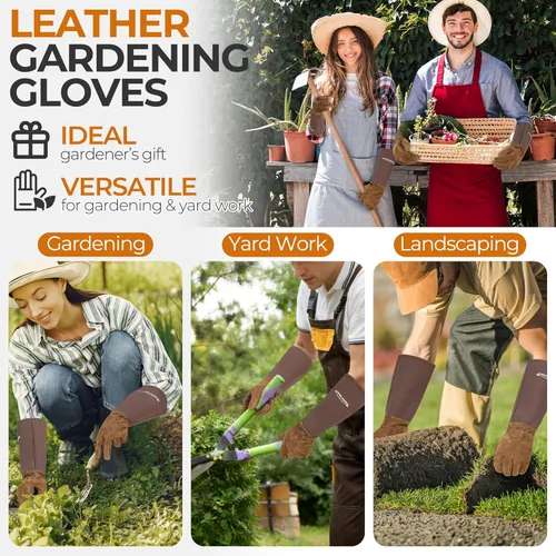Miniatura 5 de HANDLANDY Guantes largos de jardinería para hombres y mujeres, guantes de poda de rosas de cuero de vaca - guantes tipo manopla transpirables
