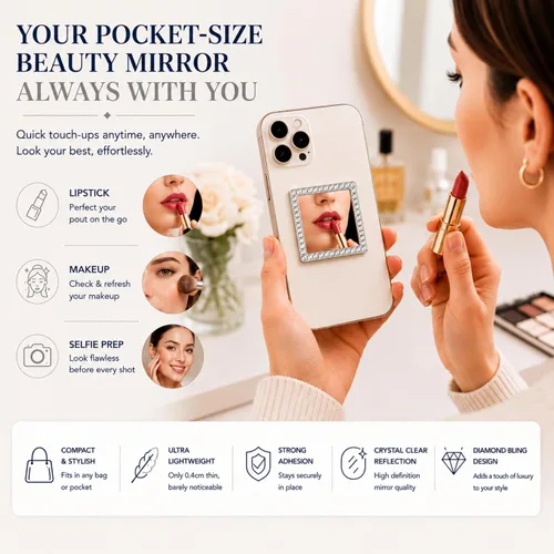 Miniatura 7 de Wireless City Espejo cuadrado para teléfono, espejo de maquillaje con diamantes dorados con circonita cúbica, adhesivo de espejo de 2.0 in