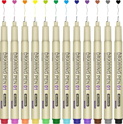 Muchcute 01 Micro Fineliner Dibujo Arte Bolígrafos: 12 Colores 0.25mm Punta Extra Fina Biblia Sin Sangría Diario Zentangle Suministros de Estudio