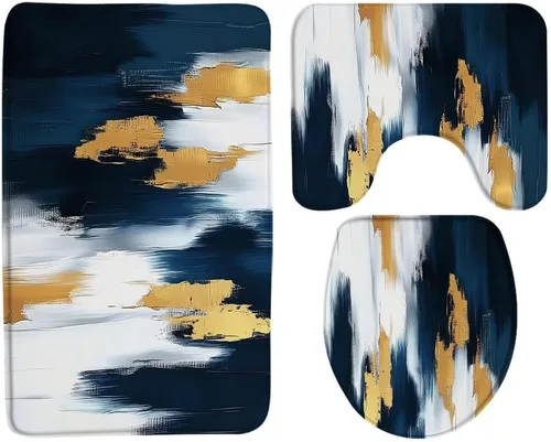 Miniatura 3 de 3 Pcs Black White Gold Bath Rugs Set,Modern Abstract Brush Strokes Oil Painting Art Kitchen Rug with 16"x24" Bath Mat+U-Shaped Toilet Rug+Toilet