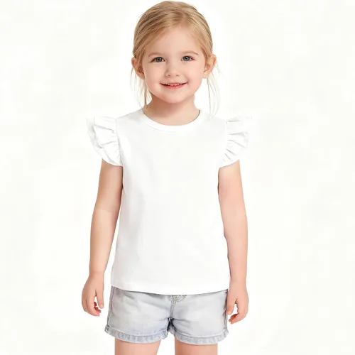Miniatura 2 de 12M-14Y - Camiseta de algodón para niñas pequeñas, color sólido, blusa con volantes, camiseta casual de algodón