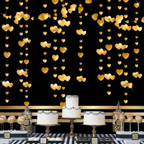 Miniatura 27 de 52 pies Guirnalda de corazón de amor dorado azul marino para decoración de fiesta del día de San Valentín Bandera de serpentina colgante azul real