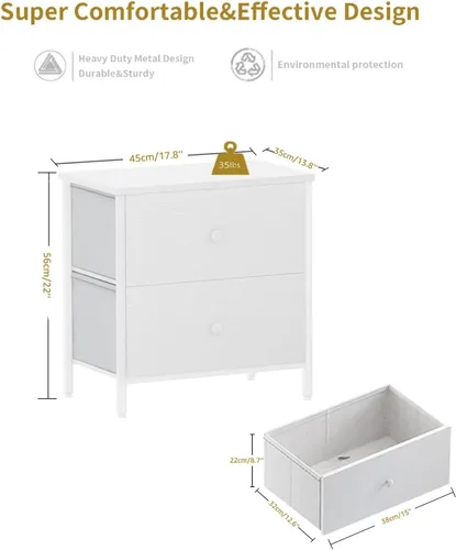 Miniatura 3 de BOLUO Mesita de noche blanca con 2 cajones para dormitorio, mesita de noche pequeña con cajones de tela, mesita de noche moderna
