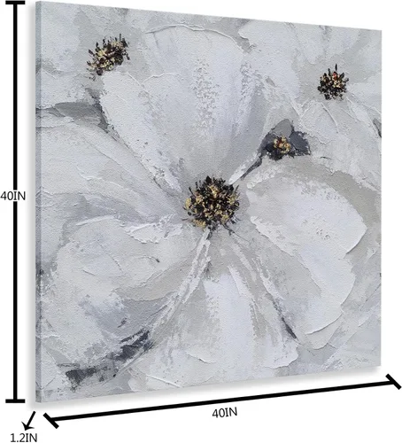 Miniatura 3 de SYGALLERIER Arte abstracto de pared de flores, pintura al óleo floral gris y blanca con adornos de lámina dorada, arte de pared de lienzo hecho a