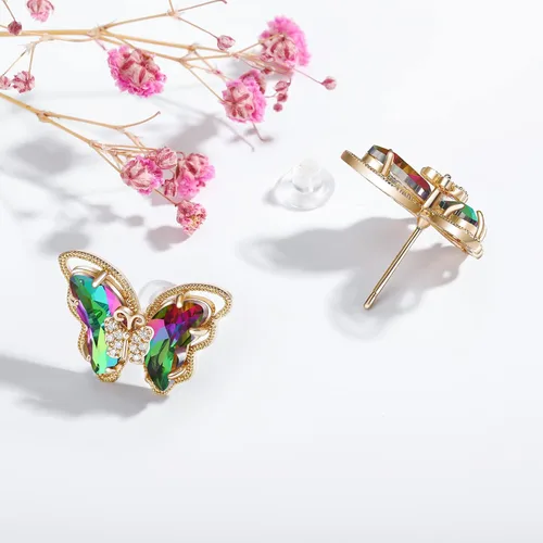 Miniatura 2 de Busycon - Aretes de mariposa para mujer, aguja plateada 925, cristales brillantes y piedras preciosas de mariposa, aniversario, cumpleaños, joyería