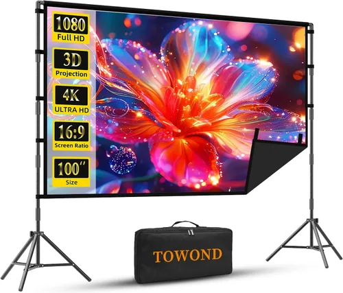 TOWOND - Pantalla de proyector portátil con soporte, pantalla de proyector portátil de 100 pulgadas, respaldo negro, pantalla de cine para