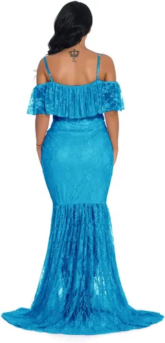 Miniatura 5 de ZIUMUDY Vestido de maternidad de encaje ajustado con mangas con volantes y hombros descubiertos, vestido de fotografía para baby shower